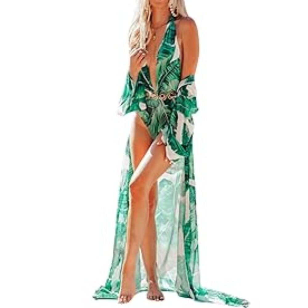 Royal Palms I Green and White Sheer Palm Leaf Pattern Kimono Swim Cover Up L